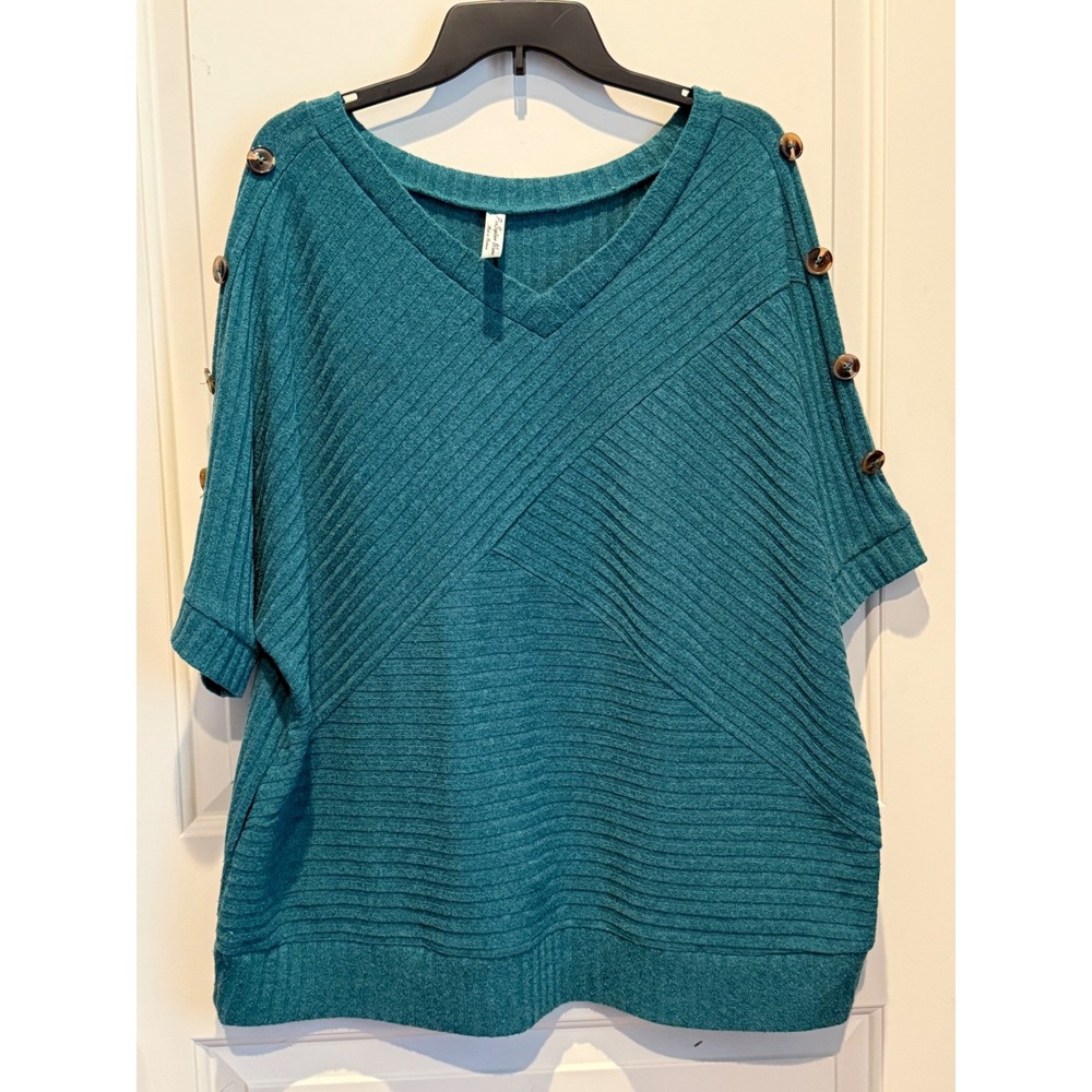 PerSeption Women Teal Ribbed V-Neck Top Button Shoulder Dolman Sleeve 3X
